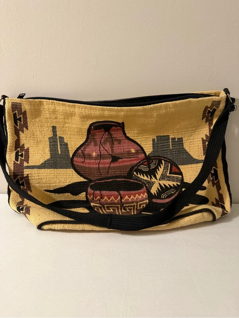 Southwestern Canvas Satchel with Black Strap